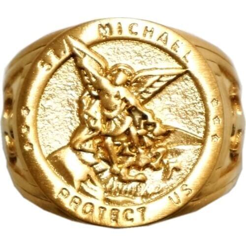 Unisex 316L Stainless Steel Frosting Gold-Color Archangel Cross SAINT MICHAEL PROTECT US Ring