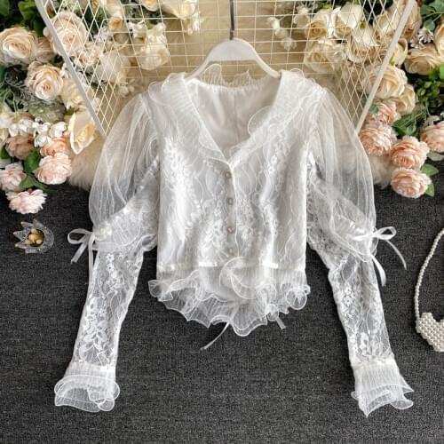 Fairy Sweet Design Ruffled Lace Chiffon Shirt Top Women Feminine Fashion Blouse
