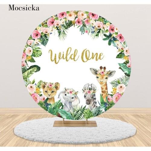 Mocsicka Wild One Safari Forest Round Backdrop Baby 1st Birthday Party Photo Background Flowers Green Leaves Animals Table Cover