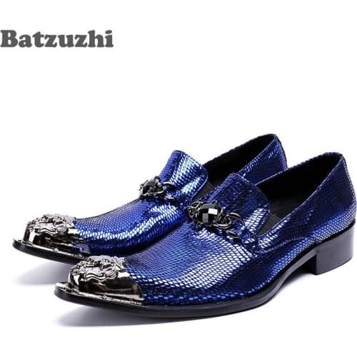 Batzuzhi Fashion Men Shoes Oxfords Iron Pointed Toe Leather Business Shoes Blue Male Wedding, Party and Runway Shoes, Size US12
