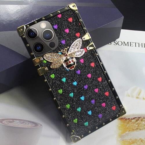 Fashion Cute Bee Glitter Square Phone Case for Women Luxury Trunk Cover for iPhone 12 11 Pro X Xr Xs Max 8 7 6s Plus SE