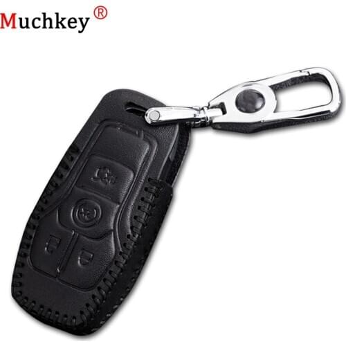 Muchkey Leather Remote Case Car Key Bag Cover With Keychain For LINCOIN 4 Buttons Folding Key Luxury Genuine Hand Sew Black Line