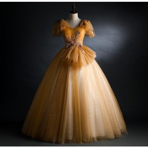 Luxury 100%real golden ruffle embroidery beading court ball gown royal Medieval Renaissance Victorian dress Belle ball