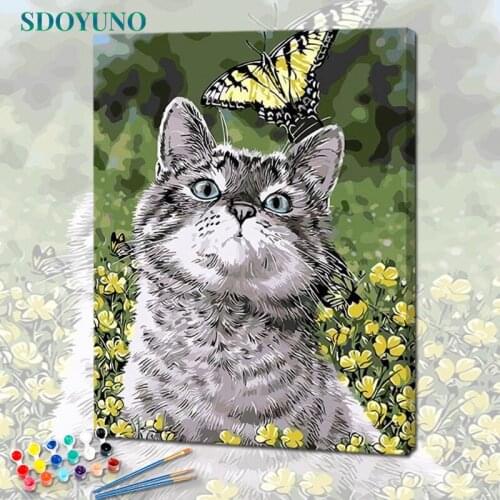 SDOYUNO 60x75cm Paint By Numbers For Adult Cat And Butterfly DIY Oil Painting By Numbers On Canvas Animals Frame Number Painting