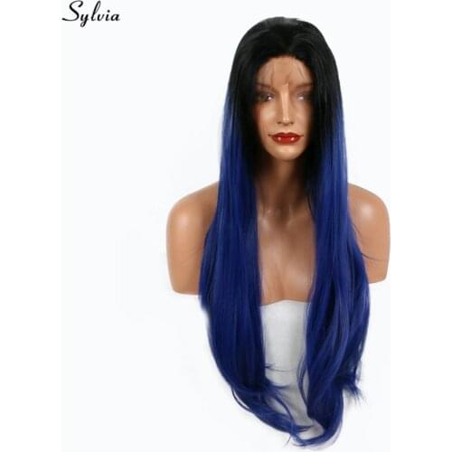 Sylvia Blue Wigs Long Hair Black Roots to Navy blue/Royal blue Synthetic Lace Front Wigs for Ladies Replacement Natural Straight