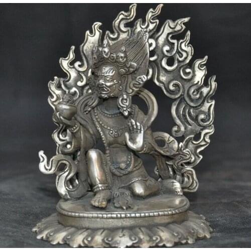 Old Tibet Buddhism Tibetan silver tank pot jar White Jambhala wealth God statue