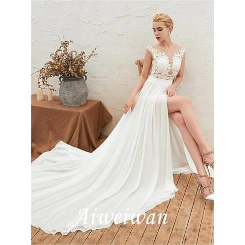 A-Line Wedding Dresses Jewel Neck Court Train Chiffon Cap Sleeve Casual Boho with 2021