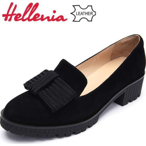 Hellenia Genuine Leather Sexy Fall Ladies kid suede Women Pumps Round Toe Party Thick Heels Dress Pump Shoes leather lining shoe