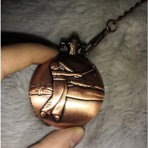 Vintage Red Prairie surrounded with Playing Golf Pocket Watch Exotic Style Craved Golf Watch with Chain