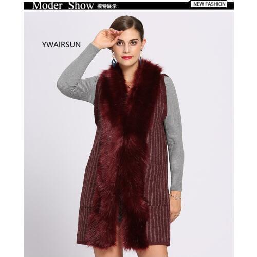 YWAIRSUN Novelty womens winter black fashion vest cardigan shawl fake fox fur collar knit long cardigan poncho foulard femme