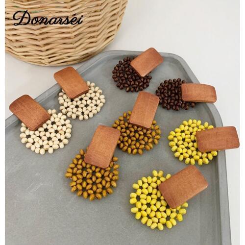 Donarsei Fashion Handmade Beaded Earrings For Women Korean Geometric Round Wooden Drop Dangle Earrings Friendship Gift