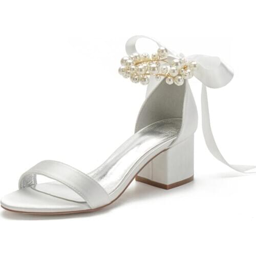 Sweet bridal wedding shoes chunky block thicker heel pearl ankle strap beading rhinestones party prom women sandals summer shoe