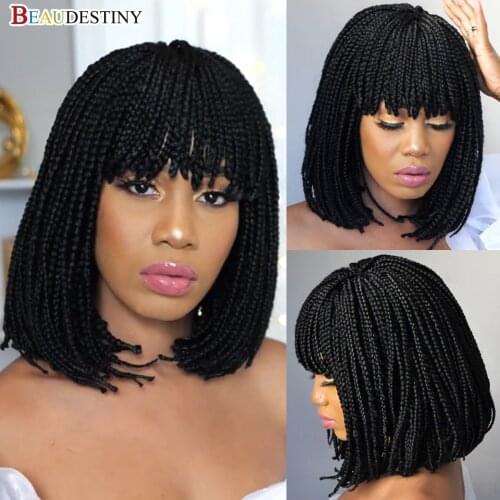 Beaudestiny Short Woman Wig Synthetic Braids Short Box Braid Wig With Bangs Knotless Braided Wigs Synthetic Braiding Hair Wig