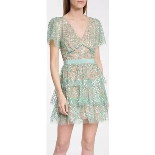 2021 Summer New Arrive Light Green Color Women Mini Dress Short Sleeve V Neck Sequins