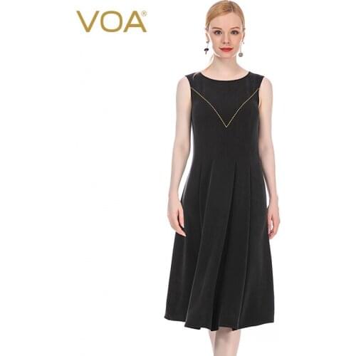 VOA 30m/m Heavy Silk Round Neck Dresses Women AE281 Yellow Line Organ Pleat Splicing High Waist Sleeveless Lady Black Dress