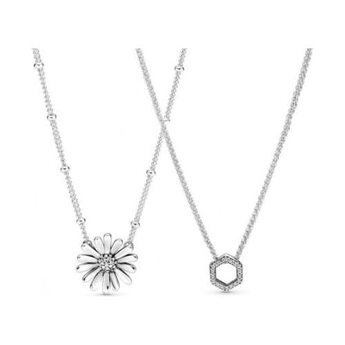 925 Sterling silver Daisy Flower Collier Sparkling Honeycomb Hexagon Collier pandora Necklace Original Woman Jewelry Gift