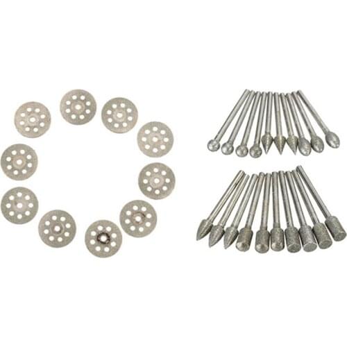 10Pcs Mini 22mm Diamond Cutting Disc Saw Blade & 20Pcs 3mm Shank Diamond Grinding Burr Drill Bits Sets Kits