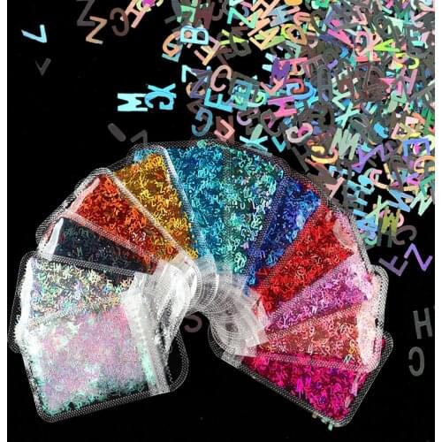 12 Bags Alphabet Shape Epoxy Resin Filling Sequins Holographic Glitter 26 English Letter Paillette Nail Art Glitter Slimes Slice