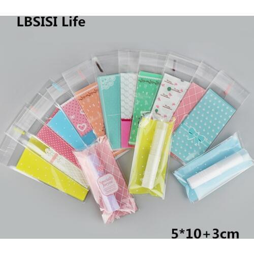 LBSISI Life 200pcs Lipstick Bags Cute Small Plastic Candy Cookie Packaging Bags Cupcake Wrapper Self Adhesive Bag
