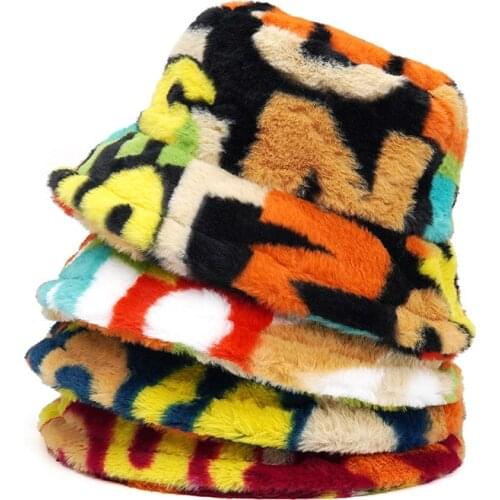 2021 Winter Bucket-Hats Fluffy Fur Letter Printed Men Women Panama Hat Fashion Warm Fisherman Cap