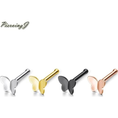 PiercingJ 4Pcs/Set Mixed Colors Stainless Steel Nose Stud 20ga/0.8mm Butterfly Nostril Nails Nose Ring Piercing Jewelry