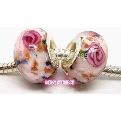 50pcs Beautiful Rose Flower Design European Lampwork Glass Beads Fit European Charm Bracelet LGB72