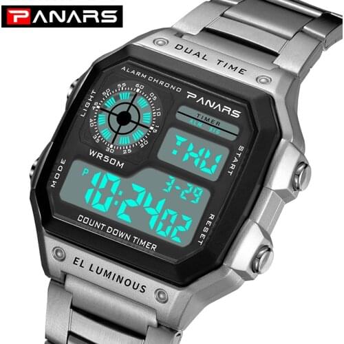 PANARS Watches Men Waterproof Stainless Steel Belt Mens Business Digital Watch Alloy Sports Watch Mens g Relojes Shock Hombre