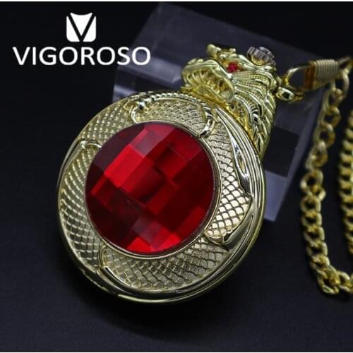 VIGOROSO Antique Steampunk Luxury Red Ruby 3D Gragon Gold Steel Mechanical FOB&Pocket Watches Vintage Hand Winding Pocket Watch
