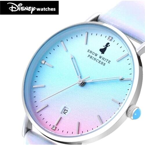 Disney original Snow White Princess Womens Gradient Watches Steel Strap Ladies Rose Gold pink Quartz Clocks Waterproof Religio