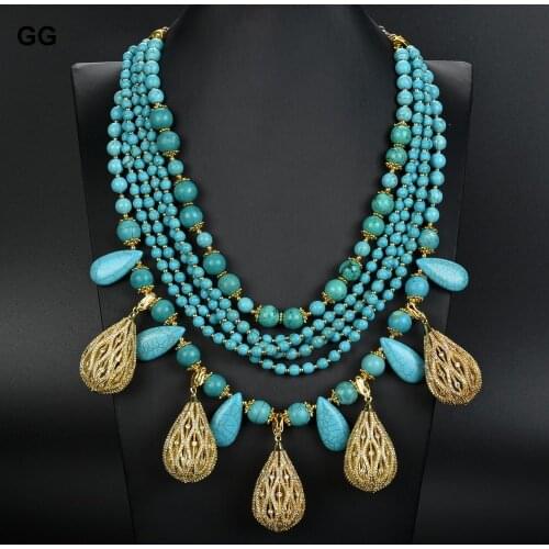 GG Jewelry 19" 6 Strands Blue Turquoises Gems Necklace CZ Pendant For Women