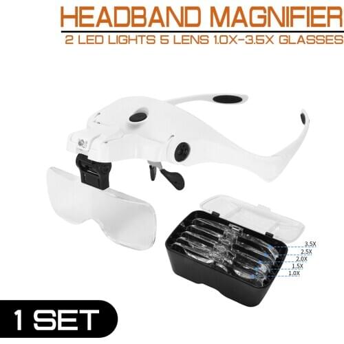 Headband Magnifier Adjustable Bracket Loupe 2 LED Lights 5 Lens 1.0X-3.5X Glasses And USB Charge Goggles
