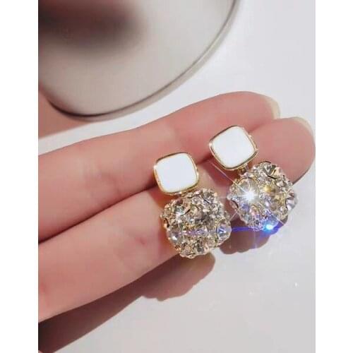 Dainty Female White Crystal Stone Earrings Trendy Gold Silver Color Stud Earrings For Women Charm Square Enamel Wedding Earrings