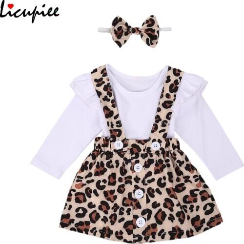 3 Pcs Little Girls Dress Set Lace Long Sleeve Solid Color Top Leopard Print Suspenders Button Short Skirt Bow 0-24 Months
