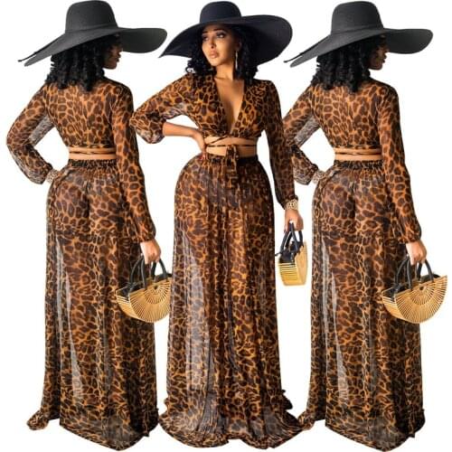 2 Piece Sets Womens Outfits Wholesale Items Sexy V Neck Long Sleeve Lace-up Top Elegant Leopard Maxi Skirt Suits Dropshipping