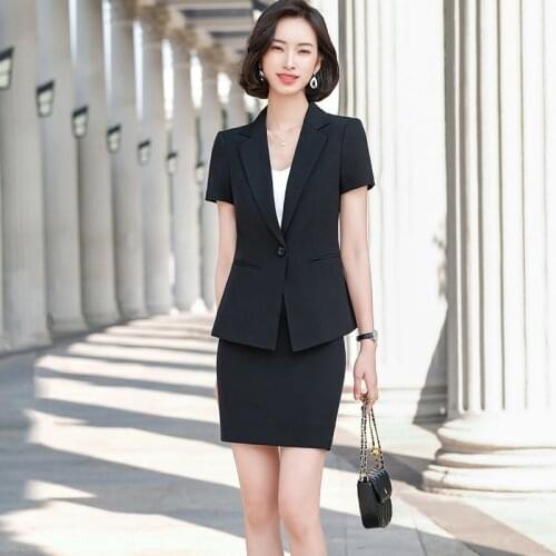 Summer Ladies Black Blazer Women Bsiness Suits with Skirt and Jacket Sets Work Office Uniform Style Short Sleeve