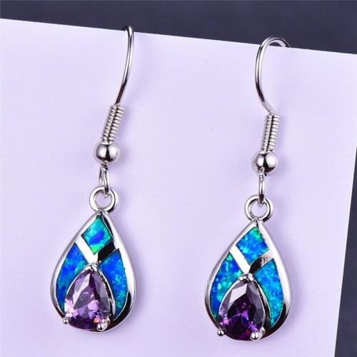 Cute Female Big Purple Water Drop Earrings Boho Blue Fire Opal Earrings Bride Cute Wedding Long Dangle Earrings For Women