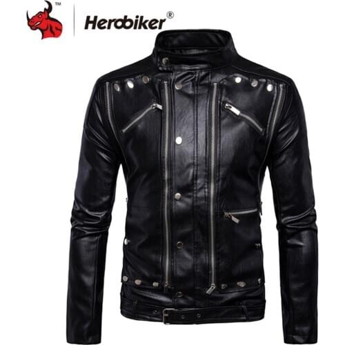 HEROBIKER Retro Punk Motorcycle Jacket Men PU Leather Casual Motor Jacket Multi Zippers Biker Stand Collar Motorcycle Jacket