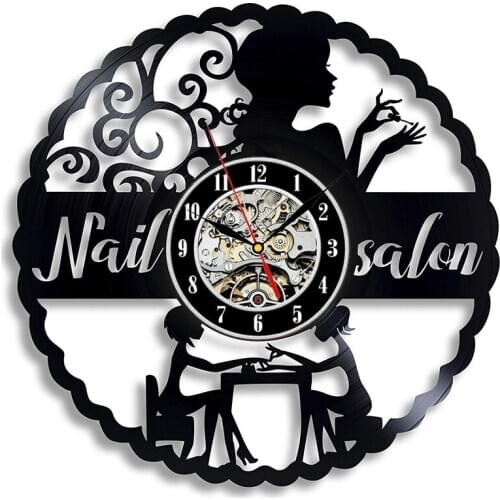 Nail Salon Vinyl Record Wall Clock Nail Art Manicure Studio Vinyl Clocks Modern Design Wall Watch Beauty Salon Wall Sign Decor