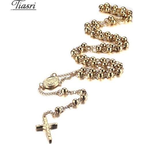 Tiasri Gold Color Jesus Cross Pendant Necklace on the Neck For Woman Jewelry Accessories High Quality Stainless Steel Choker