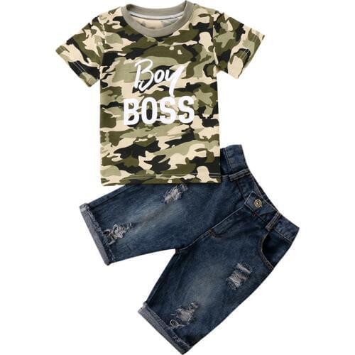 Active Casual Summer 2PCS Newborn Baby Boys Short Sleeve Pullover Camouflage Print Letter Shirt Tops Denim Hole Shorts 1-6Y