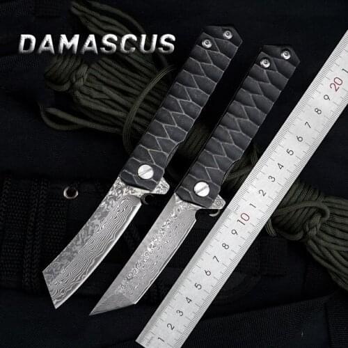 Damascus Steel Folding Knife Back Clip Portable Pocket Utility EDC Knifes Outdoor Camping Hunting Tactical Self-defense Tools