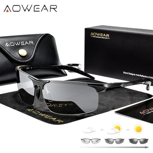 AOWEAR Aluminum Polarized Photochromic Sunglasses Men Luxury Quality Rimless Chameleon Glasses Male Day Night Driving Sunglass