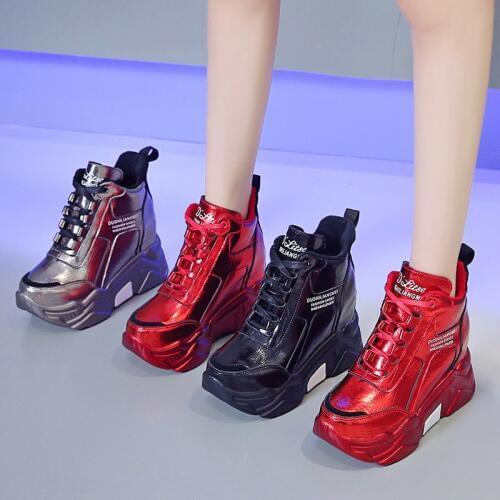 Light Glossy Leather Sneakers 2020 new Women Autumn High Shoes Thick bottom Vulcanized shoes Woman Cool Horsehair Dad Shoes 34