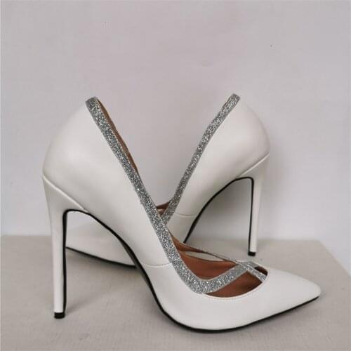 Silver Sequins Cross Strap Pumps Ladies White Leather Pointed Toe Thin Heel Party Shoes Woman Slip On Outfit Shoes