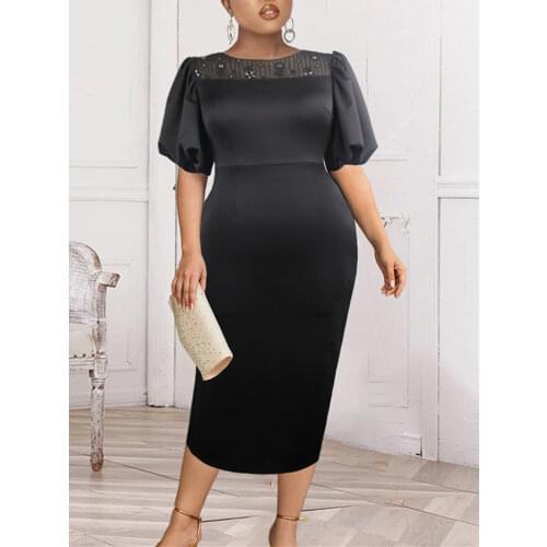 Vintage Black Dress Plus Size 4XL Summer Puff Sleeve Lace Bodycon Midi Pencil Curve Dress Office Party Outfit Women Evening 2021