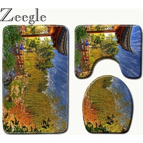 Zeegle 3D Printed Bath Mats Set Toilet Rugs Anti Slip Toilet Floor Mats Bathroom Carpets Set Toilet Lid Cover Shower Room Rug