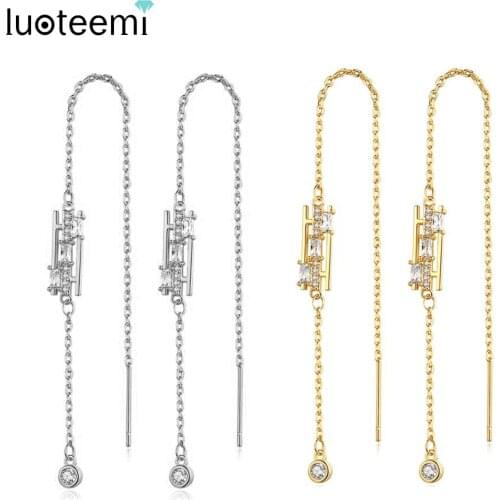 LUOTEEMI Crystal Drop Earrings Cute Ladder Long Link Chain Ear Wire Ohrringe Vintage Women Accessories Jewelry