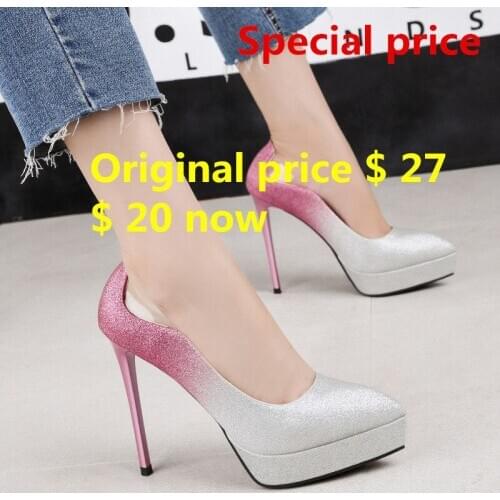 Occident sexy pointed high heels waterproof platform simple elegant womens single shoes sequins stiletto gradient womens shoes