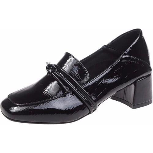 2021 New Bow Knot Slip on Casual Shoes Woman Thick High Heels Round Toe Square Toe Solid Leather Oxford Shoes for Women Pumps