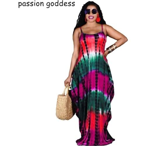 Plus Size Women Summer Casual Loose Tie Dye Long Maxi Party Dress Spaghetti Strap Sleeveless Pockets Female Dress Sexy Clothing
